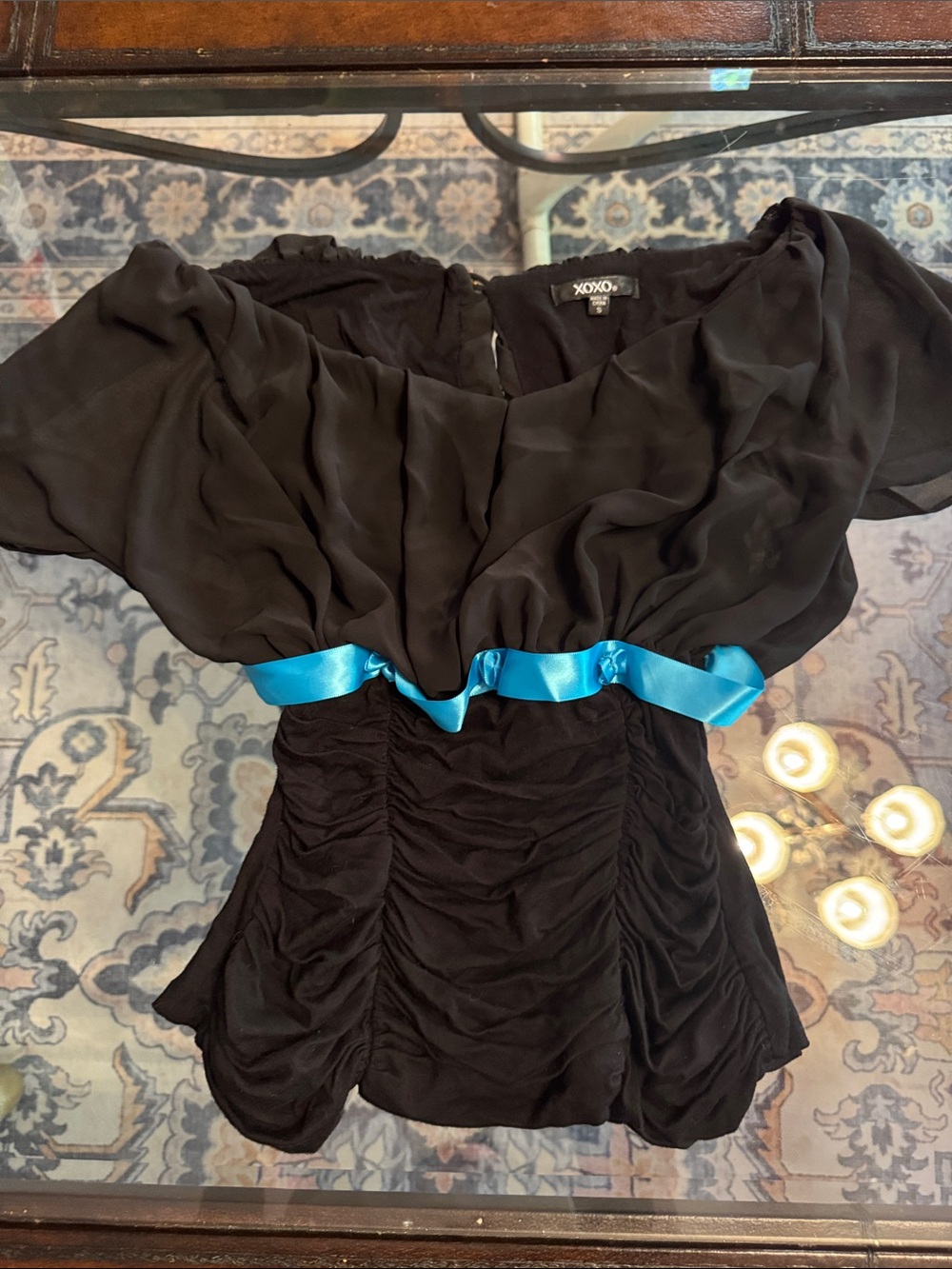 XOXO Black Chiffon Ruched Blouse with Bright Blue Waist Ribbon